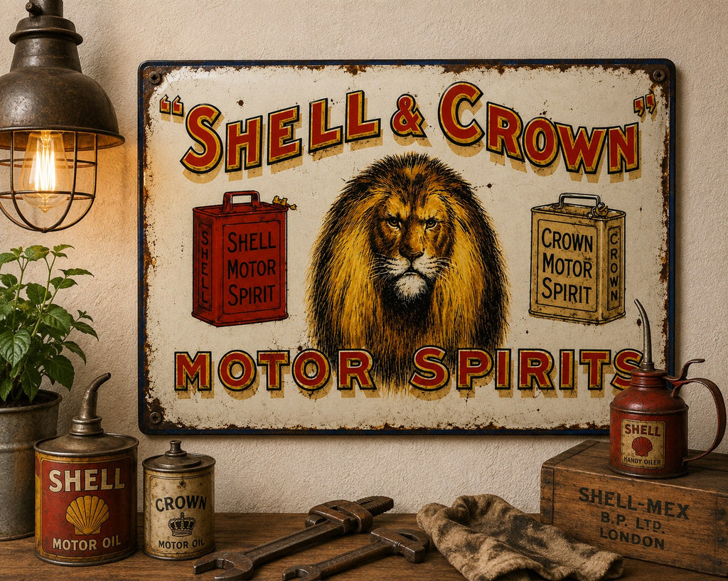 Shell & Crown Motor Spirits vintage-style reproduction sign