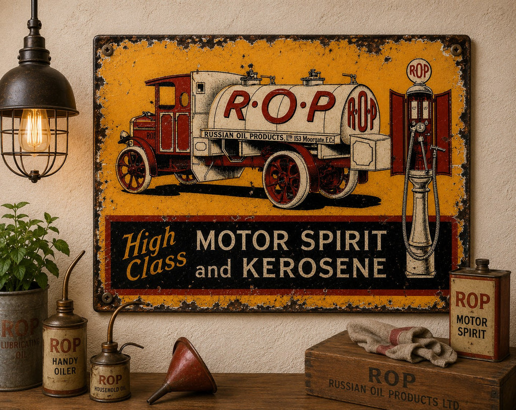R.O.P - High Class Motor Spirit And Kerosene vintage-style reproduction sign