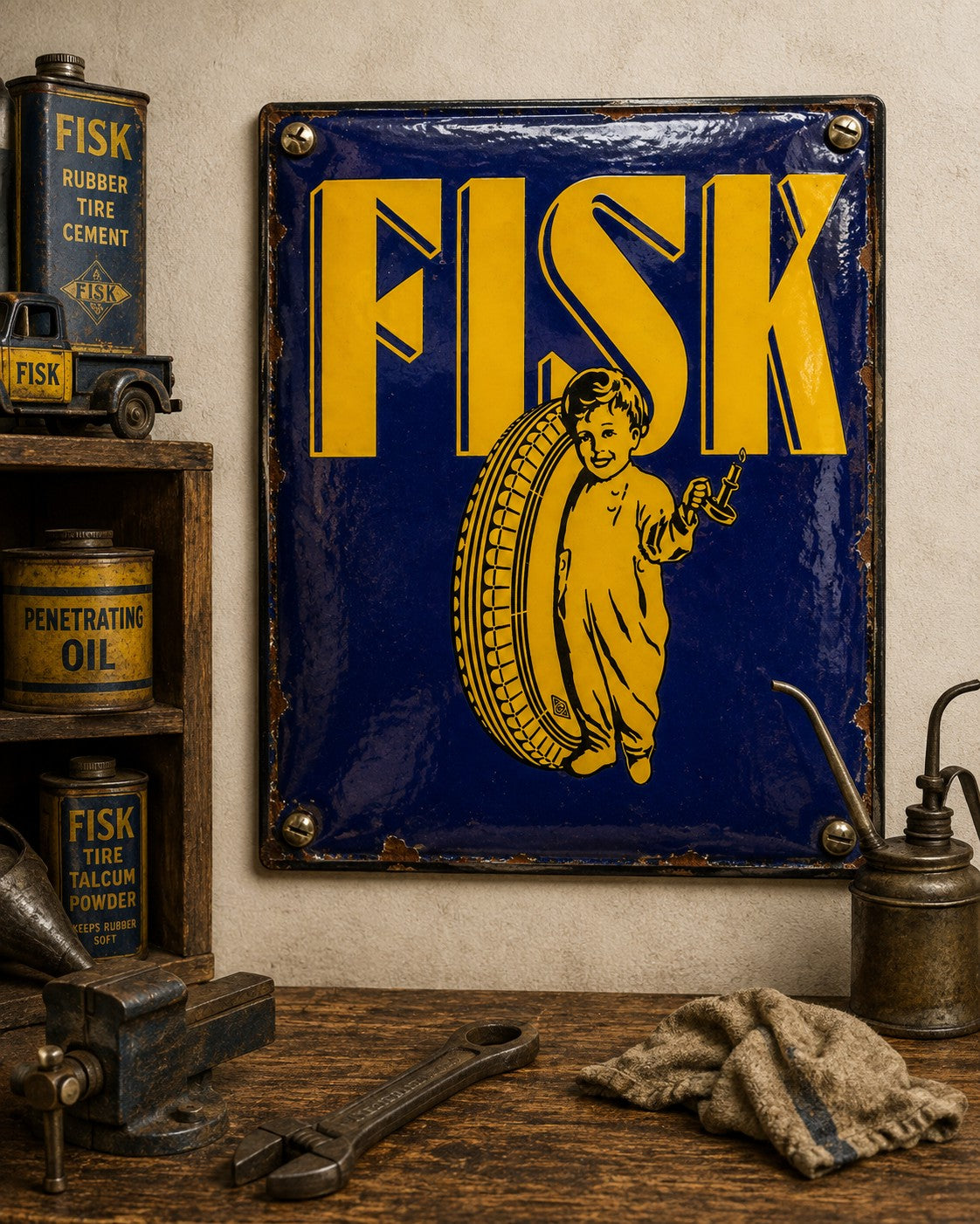 Fisk - Boy With Tyre vintage-style reproduction sign