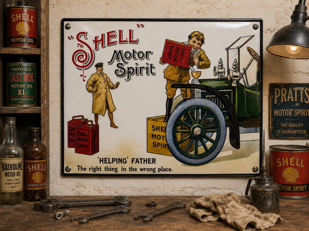 Shell Motor Spirit - Helping Father vintage-style reproduction sign