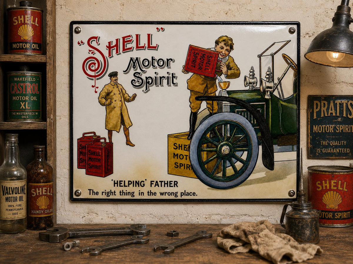 Shell Motor Spirit - Helping Father vintage-style reproduction sign