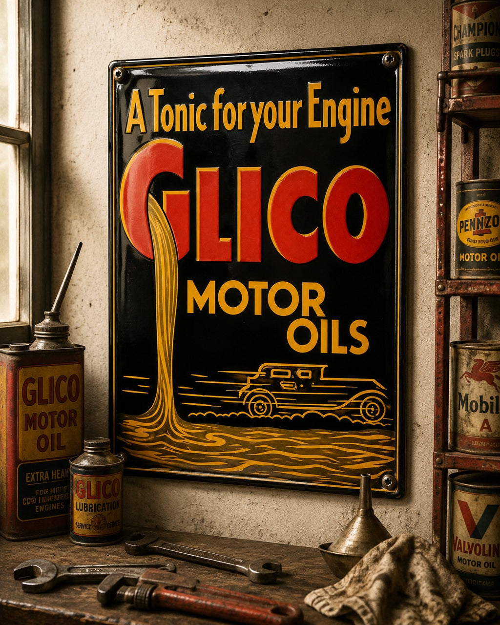 Glico Motor Oils - A Tonic For Your Engine vintage-style reproduction sign