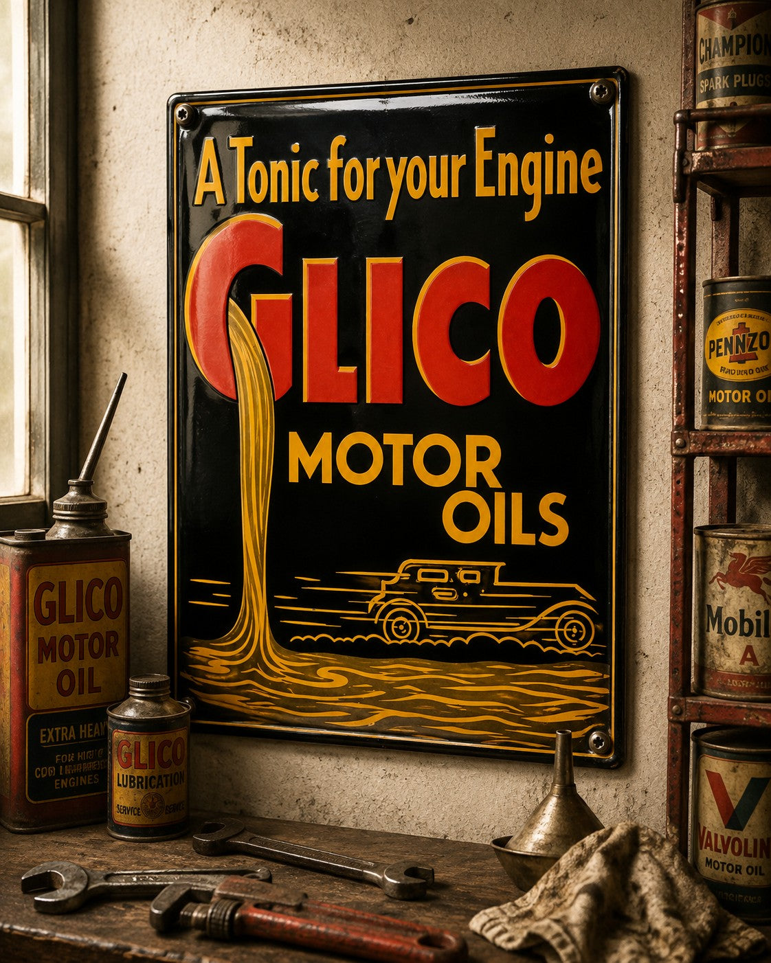 Glico Motor Oils - A Tonic For Your Engine vintage-style reproduction sign